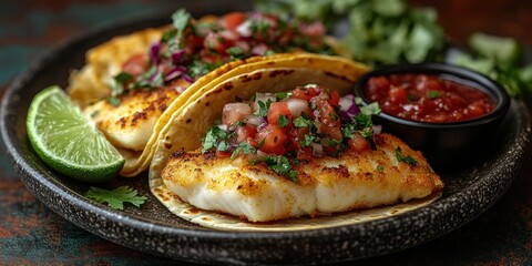 Close-up of Crispy Fish Tacos with Pico de Gallo and Salsa