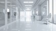 © ISVO - Bright white hospital corridor with glass walls, glossy floors and modern furniture. Concept of advanced medical technology and cleanliness
