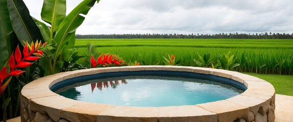 Wall Mural - serene outdoor setting featuring a circular stone hot tub filled with clear water.