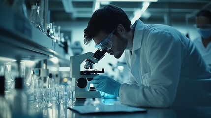 Fototapete - Scientist analyze biochemical samples in advanced scientific laboratory Medical professional use microscope look microbiological developmental of viral Biotechnology research in scienc : Generative AI