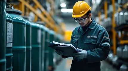 A worker is checking on the hazardous chemical material information form with background of chemical storage area at the factory place Industrial safety working action Selective focus : Generative AI