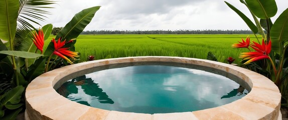 Wall Mural - serene outdoor setting featuring a circular stone hot tub filled with clear water.