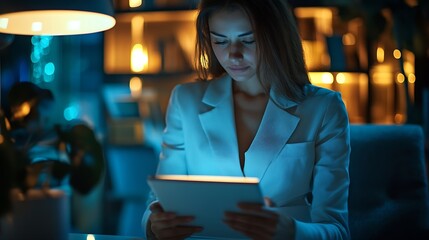 Fototapete - Business woman tablet and typing in office for corporate communication internet research and networking Female person technology and working late night for project planning and company : Generative AI