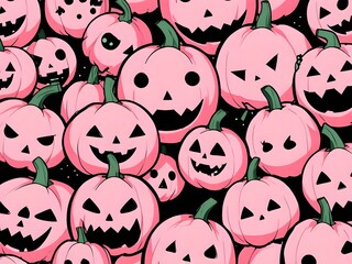 Wall Mural - abstract pastel Pink Pumpkins Spooky. Fun Faces for a Happy Halloween Illustration