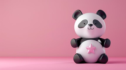 Wall Mural - A cartoon panda sitting on a pink background.