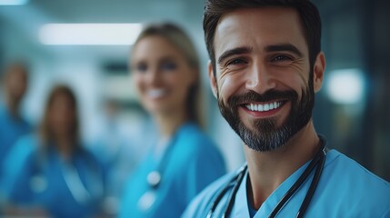 Poster - Happy people portrait or doctor with team in confidence for healthcare support or trust at hospital Group of medical employees with smile for health advice about us or emergency servic : Generative AI