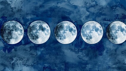 watercolor painting of moon phases in a soft blue cosmic background