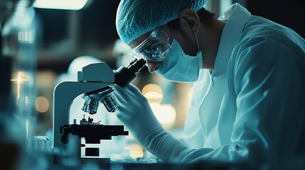 Fototapete - Team scientists conducting research investigations in a medical laboratory a researcher in the foreground is using a microscope in laboratory for medicine : Generative AI