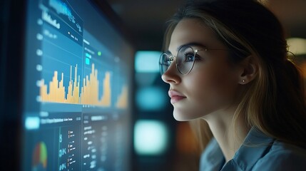 Fototapete - Analyst woman working with information database to analyze marketing and sales data Business analytics dashboard with charts metrics and KPIs concept : Generative AI