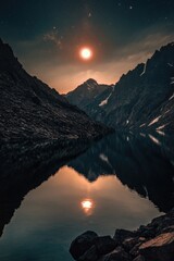 Wall Mural - A mountain range with a lake in the foreground. The lake is reflecting the moon and the sun