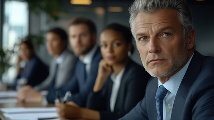 Aufkleber - Male mature caucasian ceo businessman leader with diverse coworkers team executive managers group meeting Multicultural professional businesspeople working together on research plan bo : Generative AI