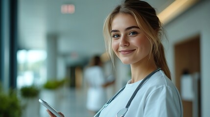 Poster - Happy face and woman with a tablet doctor and typing with connection website info and employee Portrait nurse and medical professional with tech clinic and research with internet or di : Generative AI