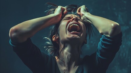 Screaming Man Expressing Intense Anger and Stress with Hands Pulling Hair and Visible Neck Veins