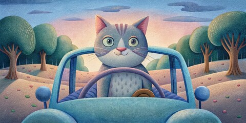 Adorable cat happily drives a toy car in a sunny landscape, a delightful and amusing illustration for kids