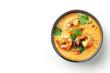 Wall Mural - A bowl of soup with shrimp and cilantro. The soup is a creamy, rich color and the shrimp are cooked and floating in the broth. The cilantro adds a fresh, herbaceous flavor to the dish