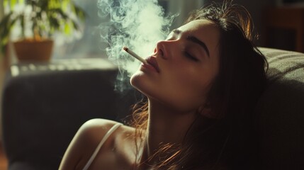 Canvas Print - A woman is smoking a cigarette while laying on a couch. Concept of relaxation and leisure, as the woman is taking a break from her daily routine to enjoy a cigarette. The couch provides a comfortable