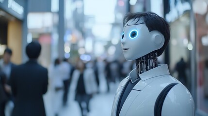 Fototapete - AI robotic Artificial Intelligence businessman using AI chatbot for conversation with human Futuristic technology and digital communication concept : Generative AI