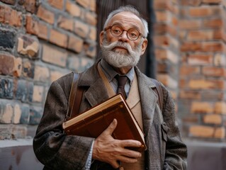 Sticker - An older man wearing glasses and a brown jacket is holding a book. He is a professor or a scholar, as he is wearing a tie and a backpack. Concept of wisdom and knowledge