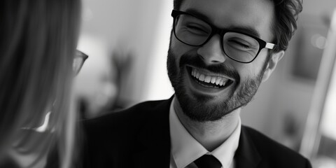 Sticker - A man wearing glasses and a suit is smiling at a woman