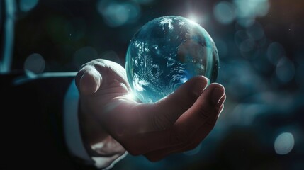 Wall Mural - A person is holding a globe in their hand. The globe is made of glass and is illuminated by a light source. Concept of wonder and curiosity about the world and the vastness of the universe