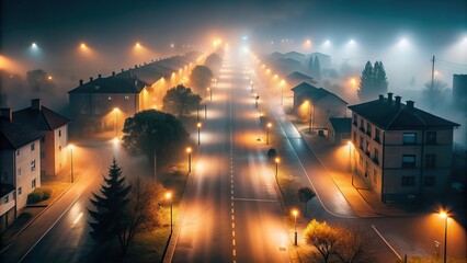 Sticker - mysterious, solitude, stillness,empty, fog, spooky, streetlights, An eerie and mysterious aerial view of an empty dark street illuminated by dim streetlights and enveloped in dense fog