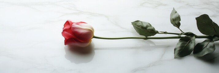 Poster - A vibrant rose lies gracefully on a smooth marble surface, creating a serene and minimalistic visual experience. Generative AI