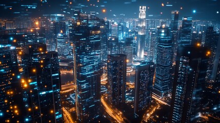 Fototapete - Modern cityscape and communication network concept Internet of Things ICT Information communication Technology 5G Smart city Digital transformation Singapore : Generative AI