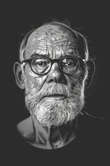 Sticker - A man with a beard and glasses is the subject of this black and white portrait. The image is a close up of the man's face, with his eyes looking down and his mouth slightly open. The man's facial hair