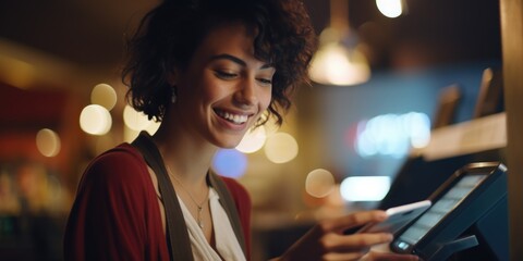 Sticker - A woman is smiling and looking at her phone in a restaurant. She is holding a cell phone and a tablet