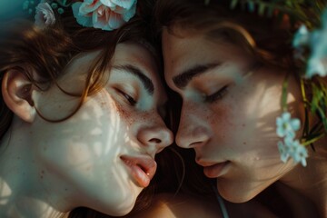 Wall Mural - Two people are laying on their backs, one with a flower crown on her head. They are looking at each other with their eyes closed