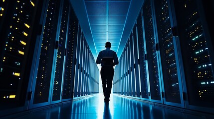 Aufkleber - Male IT Specialist Walks Between Row of Operational Server Racks in Data Center Engineer Uses Tablet Computer for Maintenance Concept for Cloud Computing Artificial Intelligence Cybers : Generative AI