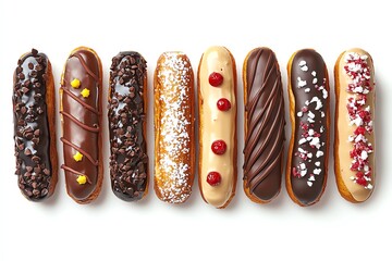 a whole view of multiple eclairs on isolated white background, view from above, editorial photography