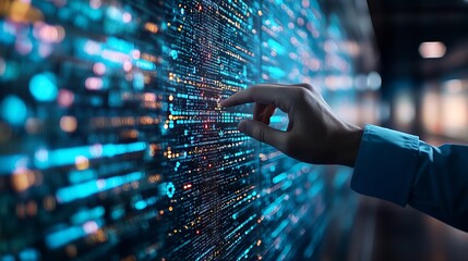 Leinwandbilder - Big data digital technology concept Software engineer touching on virtual internet network connection with data center network server innovative futuristic technology background data m : Generative AI