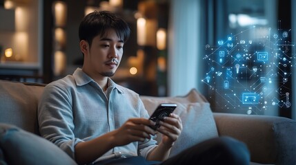 Fototapete - asian man sitting on sofa and using smart home control app on mobile phone with augmented reality view of IOT connected objects in apartment : Generative AI