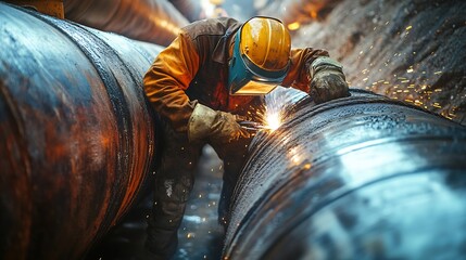 Aufkleber - Industrial 40 Digital Visualization Concept Heavy Industry Welder Working Welding Inside Pipe Construction of NLG Natural Gas and Fuels Transport Pipeline Future of Clean Green Power a : Generative AI