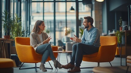 Canvas Print - Tech professionals talking to each other in a coworking office Two business people having a conversation in a workplace : Generative AI