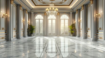 Wall Mural - Elegant grand ballroom with a stunning chandelier and polished marble floor for promotional materials.