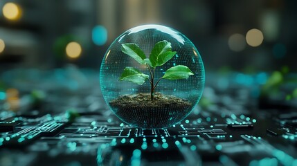 Leinwandbilder - Tree growing on Circuit digital ball Digital and Technology Convergence Blue light and Wireframe network background Green Computing Green Technology Green IT csr and IT ethics Concept : Generative AI