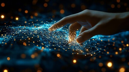 Fototapete - Digital cyber era technology concept Human hand touching interconnected polygons of massive amounts of data glowing on a dark blue background New innovations that are coming to change  : Generative AI