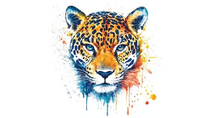 beautiful watercolor illustration of a jaguar face with colors similiar to the jacksonville jaguars football team, on white backdrop, paint splash, paint drip