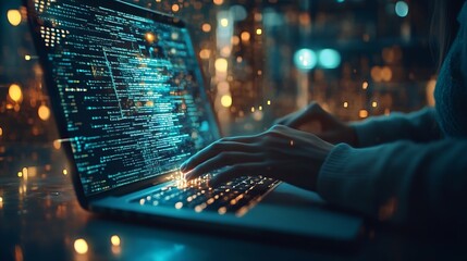 Leinwandbilder - Data processing digital technology software development concept Computer programmer software engineer working on laptop with data exchange code Ai Aritificial intelligence : Generative AI