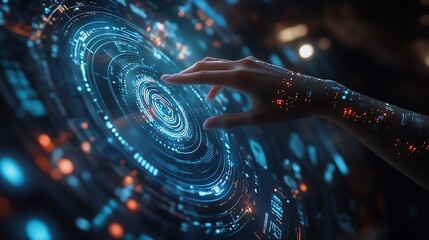 Leinwandbilder - A person interacting with a futuristic holographic interface featuring digital data and connections on a blue background showcasing technology concept : Generative AI