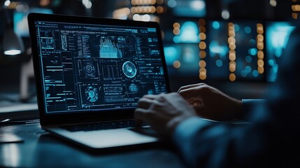 Fototapete - Data science digital technology concept Computer science engineer programming on laptop at office data exchange system control and data management with Ai Business and Artificial intel : Generative AI