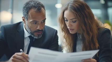 Leinwandbilder - Two business people a business man and a business woman engage in a discussion as they read a financial report together Young business professionals working together in a modern financ : Generative AI