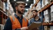 © The Little Hut - Young caucasian men workers doing stocktaking of products on shelves in warehouse together using clipboard and forklift having talk discussing controlling and checking inventory count  : Generative AI