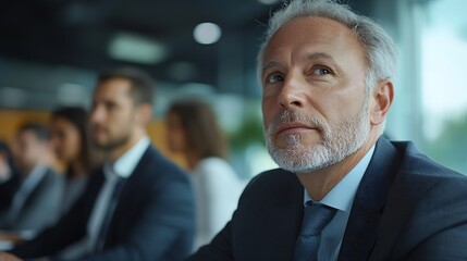 Aufkleber - Male mature caucasian ceo businessman leader with diverse coworkers team executive managers group meeting Multicultural professional businesspeople working together on research plan bo : Generative AI