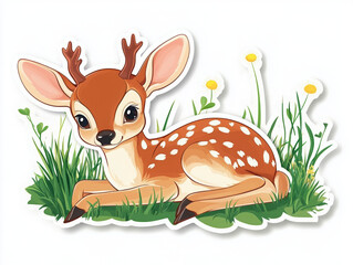 deer fawn animal cute nature wildlife grass cartoon baby animal illustration forest adorable young deer spotted flower playful grazing woodland 