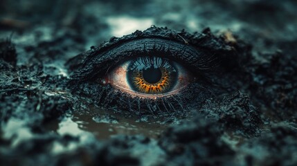 a surreal, creepy eye emerging from the mud, constantly watching in an unsettling and eerie scene.