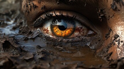 a surreal, creepy eye emerging from the mud, constantly watching in an unsettling and eerie scene.