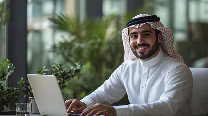 Leinwandbilder - Portrait of young arab businessman inside office man typing on laptop smiling boss happy with results of financial success at workplace : Generative AI